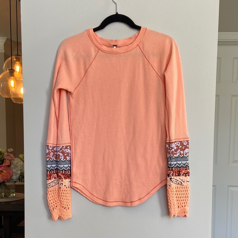 Free People Waffle Knit Long-Sleeved Tee, Choral Orange, Size L